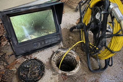 Drain camera inspecting a sewer line through an outdoor cleanout