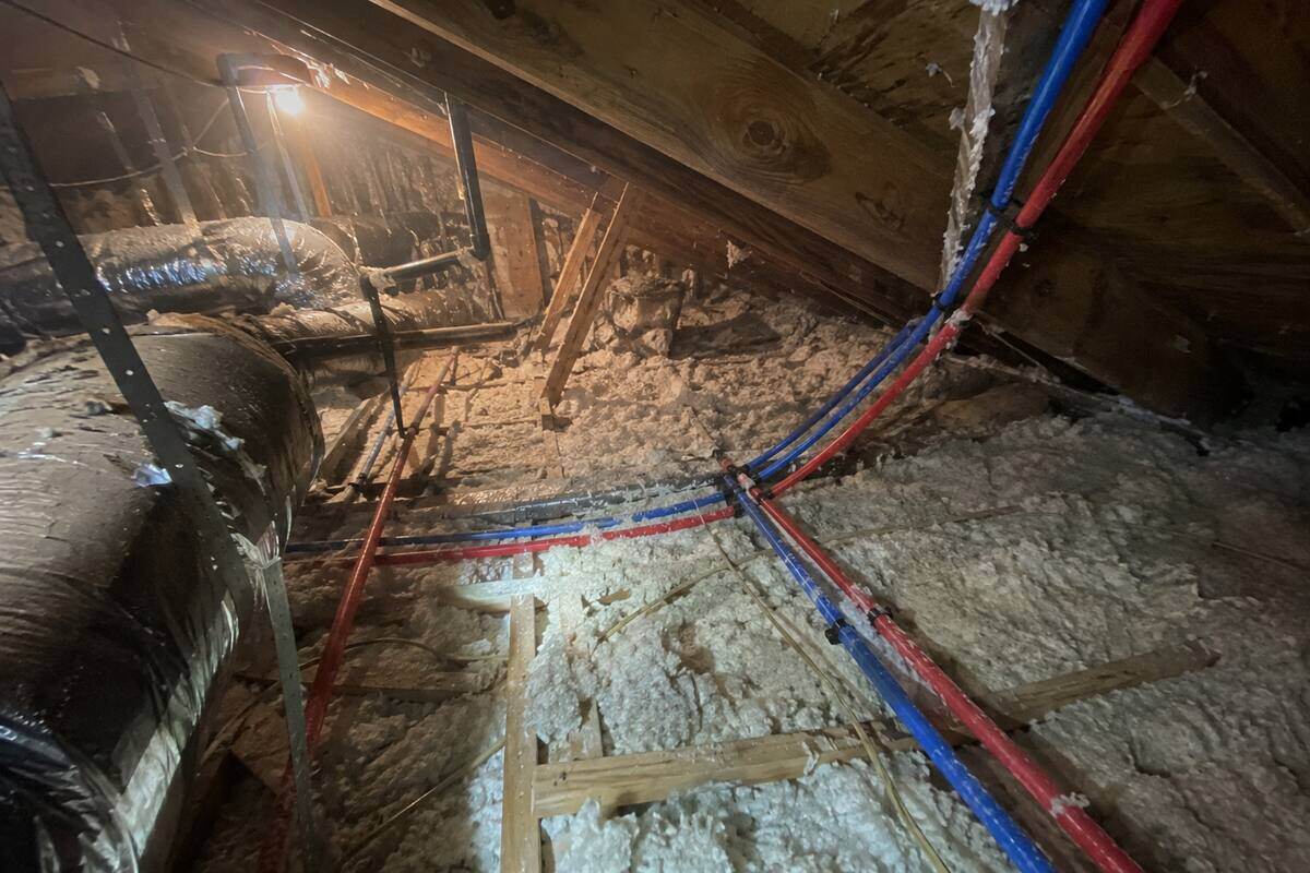 Water lines run through an attic